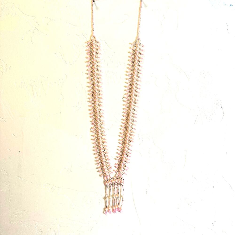 Vintage Soft Pink and Cream Lariat Bib Beaded Necklace